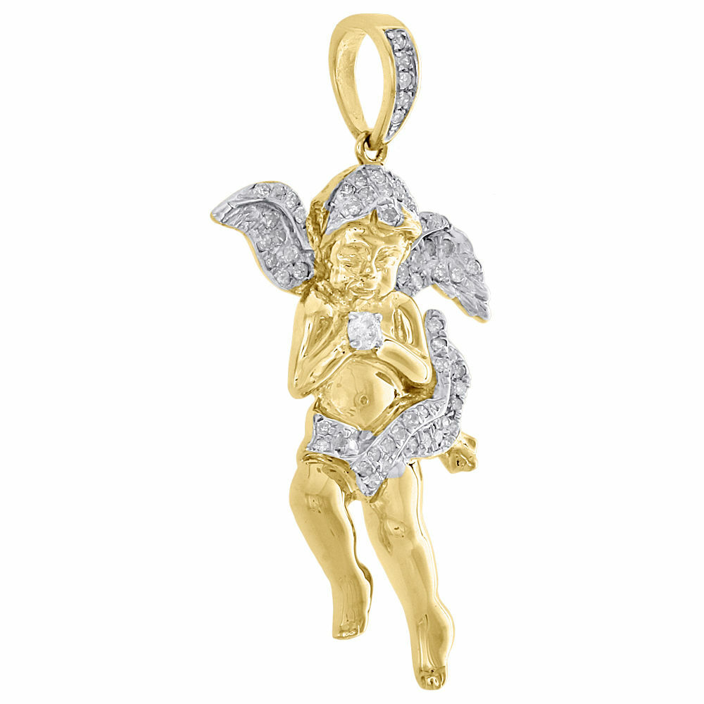 10K Yellow Gold Genuine Round Diamond Praying Angel Wings Pendant Charm 0.43 Ct.