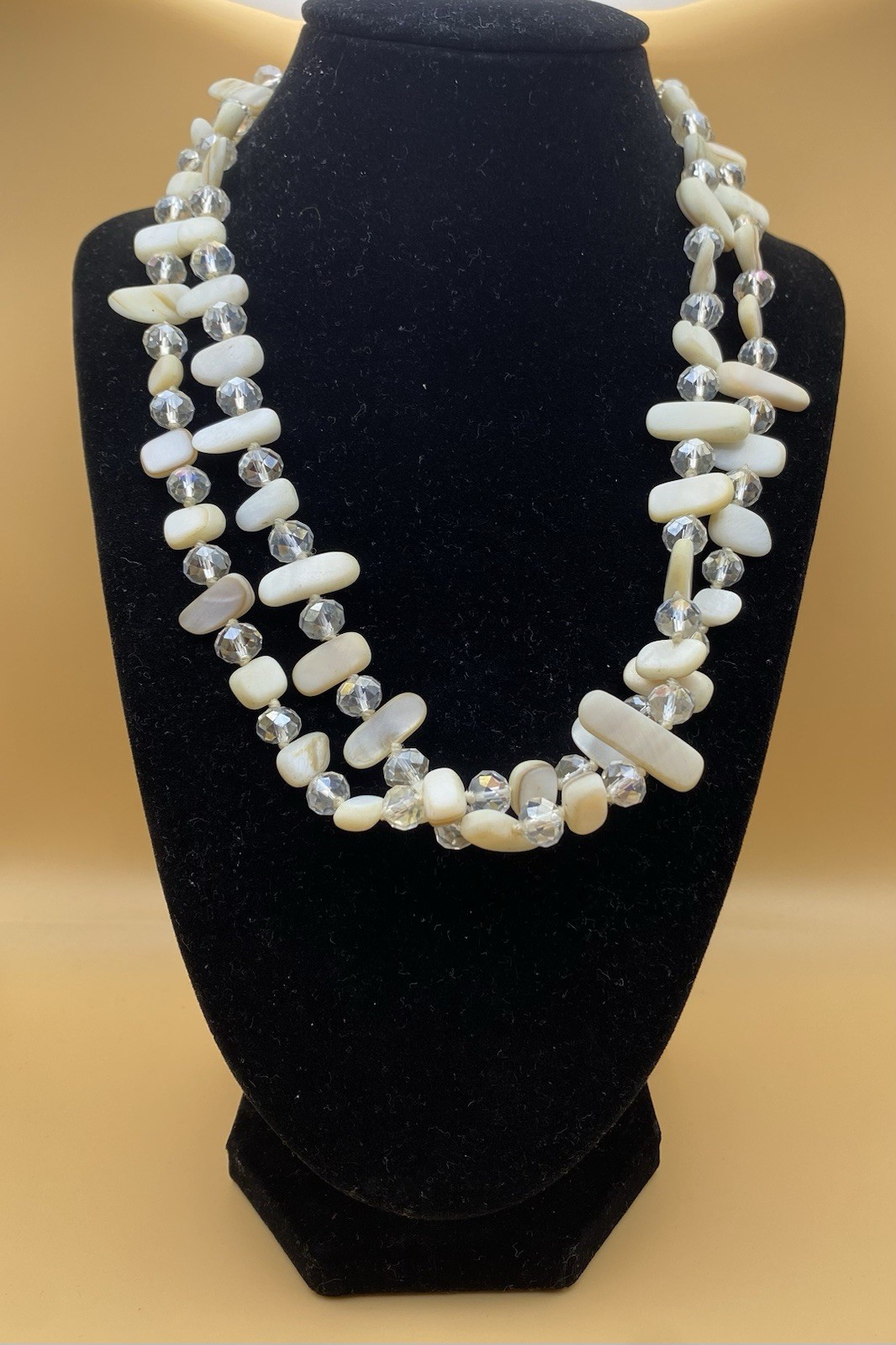 Double Strand Shell Chip Beaded Necklace w/ Clear Crystal Spacers Lobster