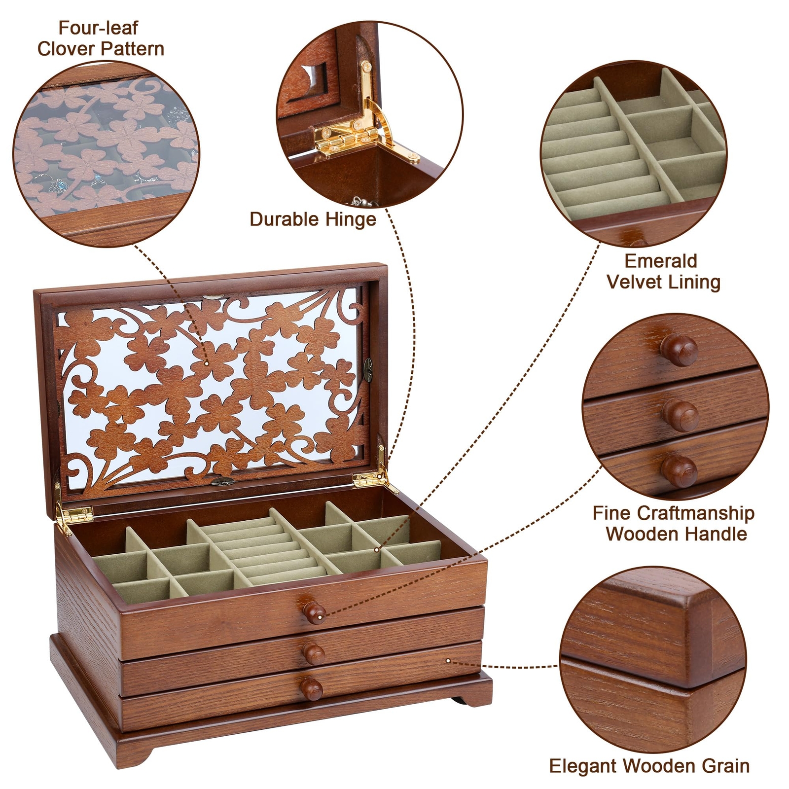 Kendal 3 Layer Wooden Jewelry Box Jewelry Holder Organizer w/ Four Leaf Pattern