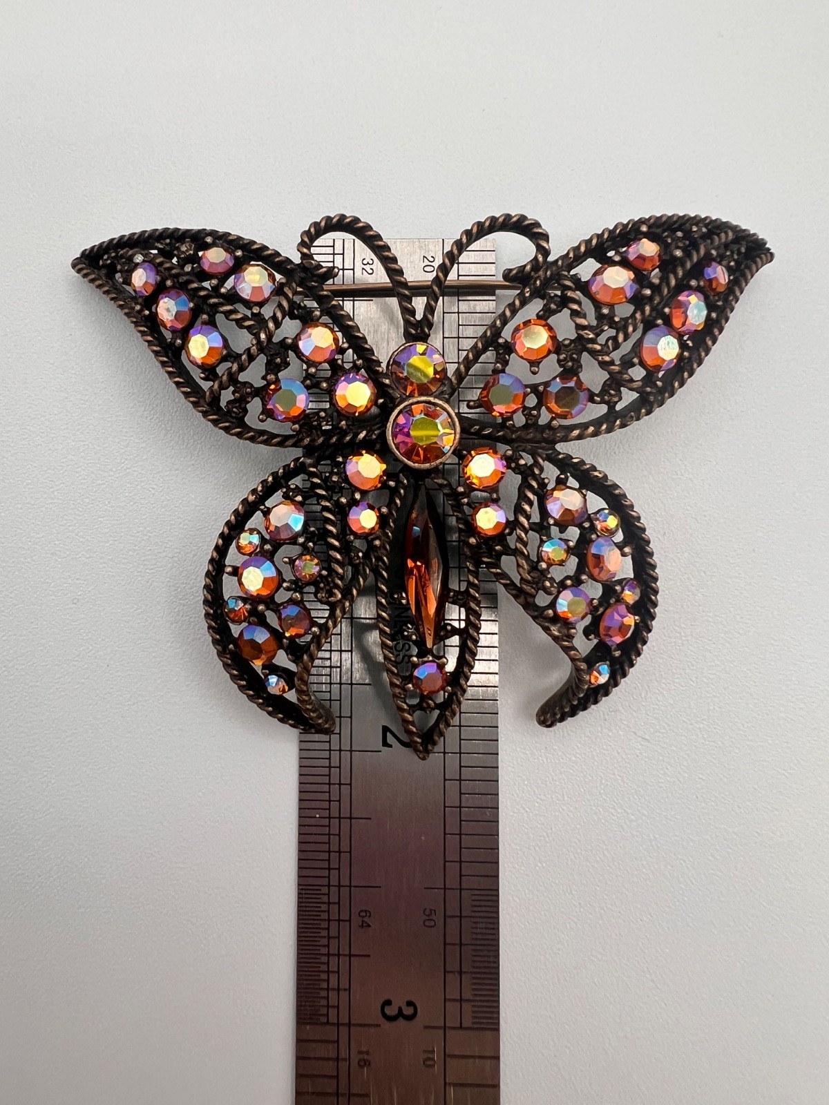 Vintage KIRKS FOLLY Butterfly Brooch Pin AB Rhinestones, Copper Ox, Signed