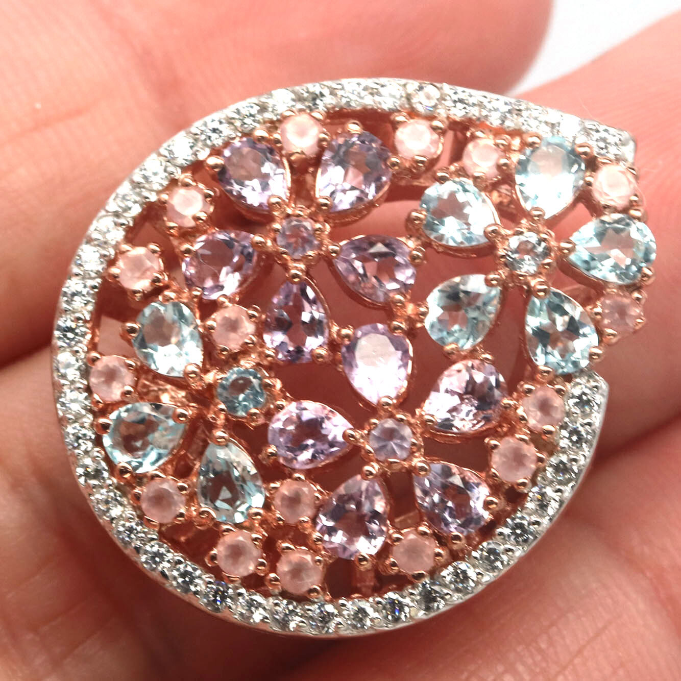 Pink Amethyst Topaz Quartz CZ Ring 925 Sterling Silver Women’s