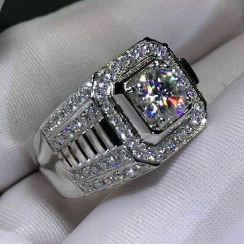 14K White Gold Over Men’s 2.10 CT Round Cut Moissanite Wedding Band Pinky Ring