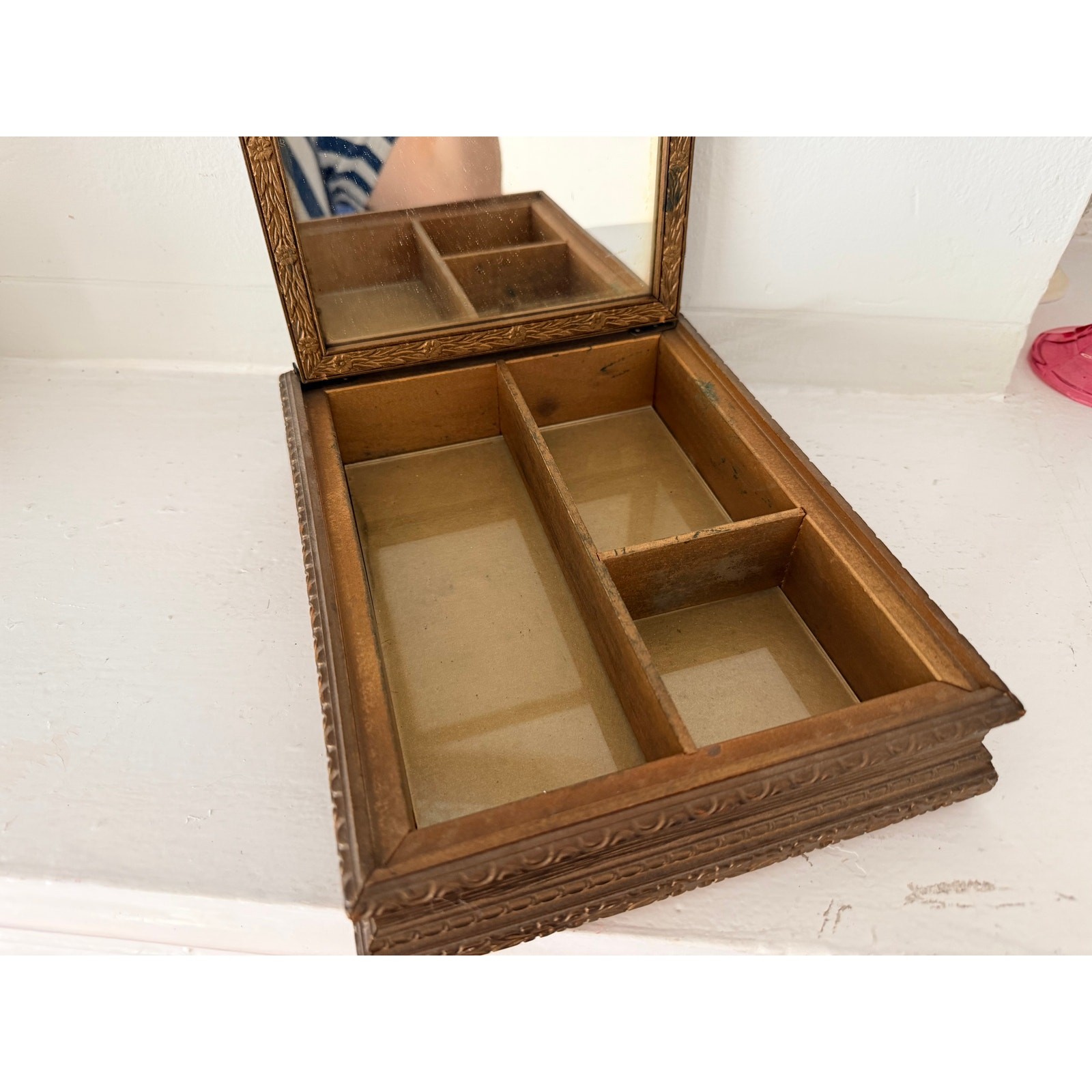 Antique Wood Jewelry Box French Salon Engraving Lid Mirror Compartments 1920s