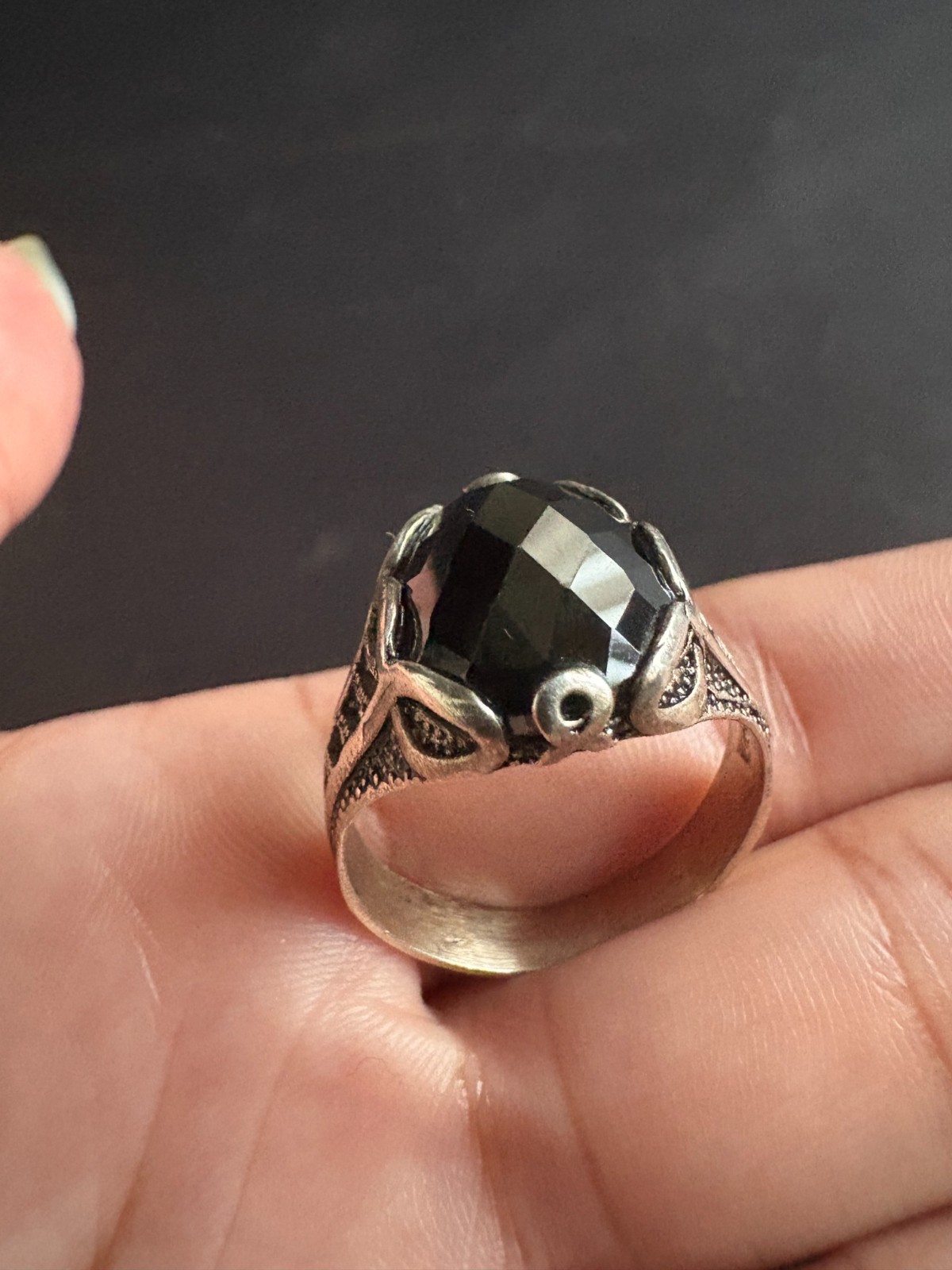 Vintage Silver Ring Faceted Black Onyx Ring Handcrafted Ring 10.75 US