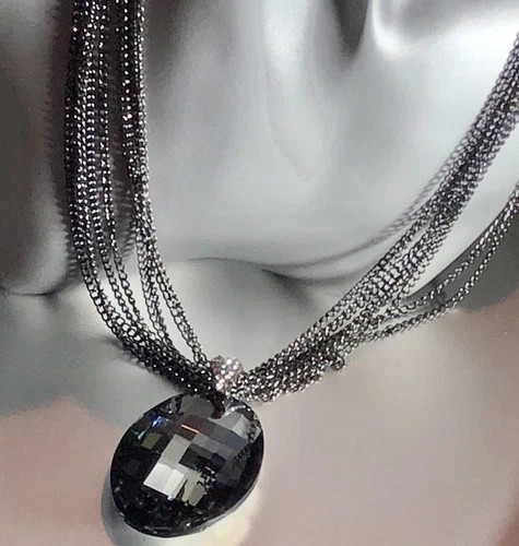 14K Black Rhodium Plated Big Oval Pendant Long Sweater Chain Necklace Gorgeous