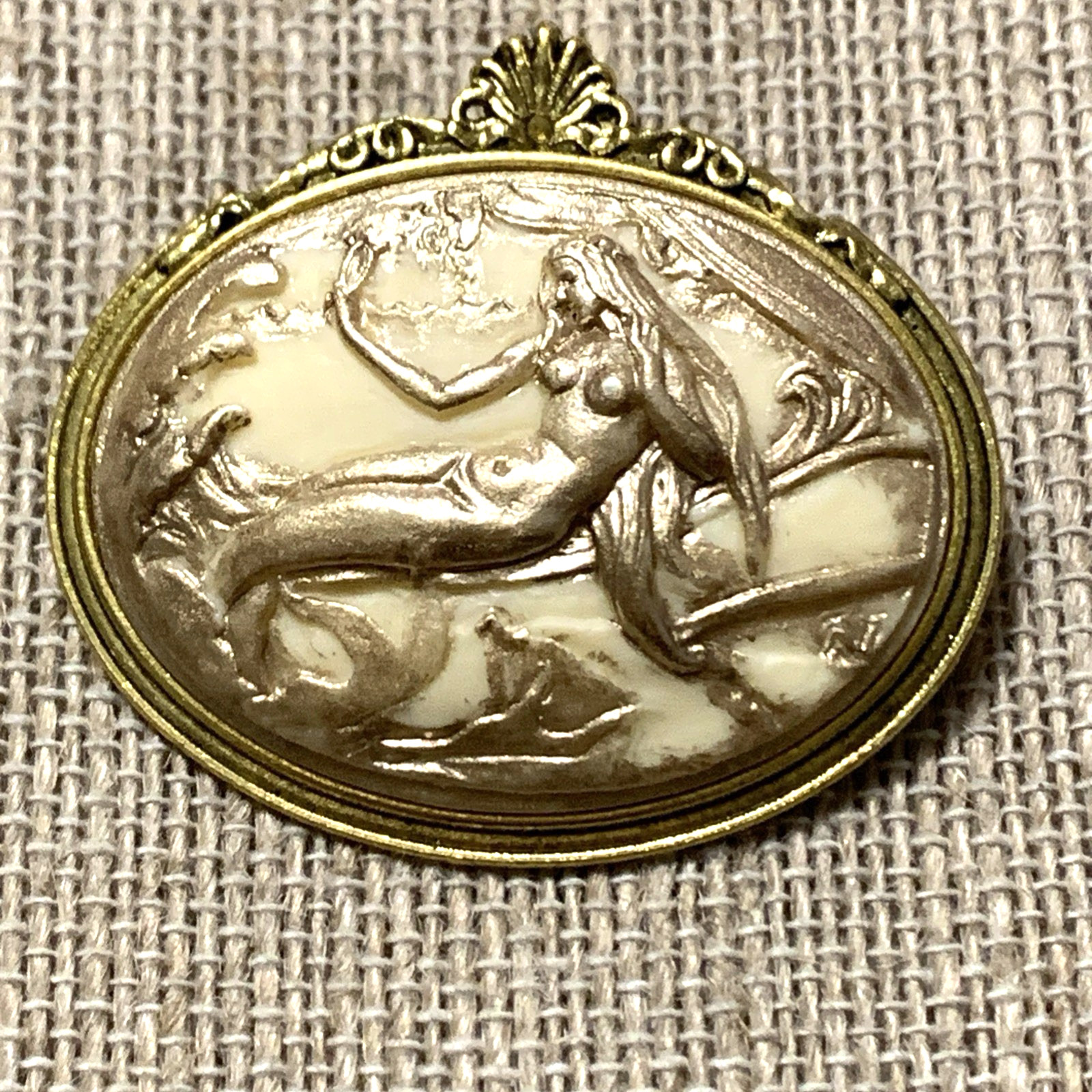 NEW ITEM*LG ELEGANT ART DECO SET MERMAID CAMEO BROOCH/PENDANT COMBO-ivy/gold