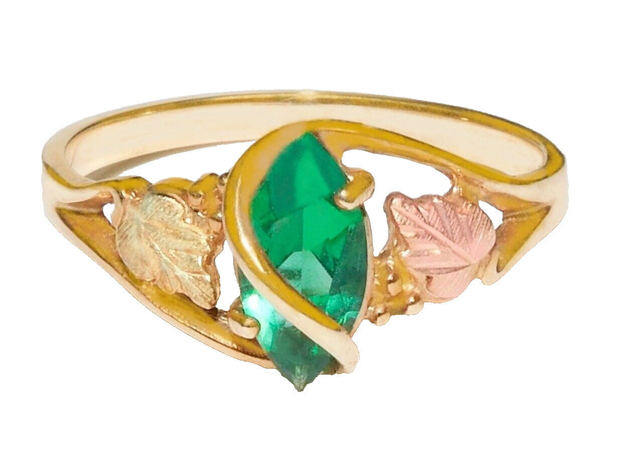 Black Hills Gold 10k Marquise Lab Created Emerald Leaves Ring Size 7