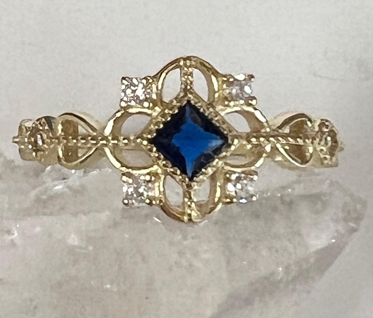 Real Blue Sapphire & Diamond 14K Y Gold on SOLID 925 Ring SZ 8 1/4 Victorian Rev