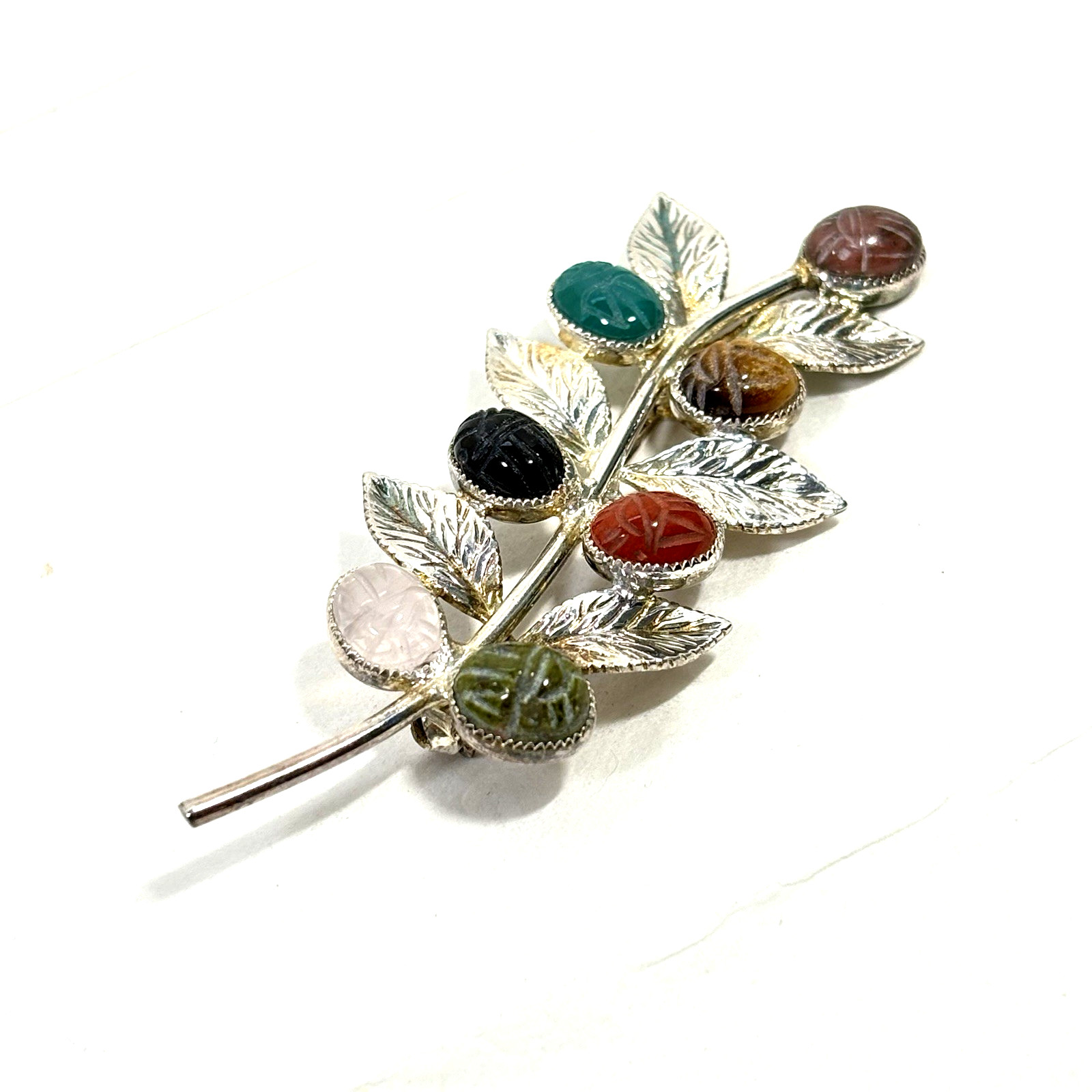 VTG Egyptian Scarab Leaf Brooch Pin Multi Gemstone Sterling Silver Designer JJJ