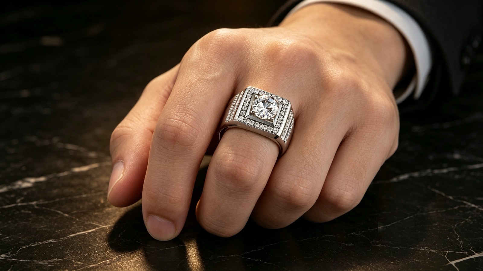 Men’s Adjustable Open Band Ring, Cubic Zirconia Signet Ring, Brass Wedding Engag
