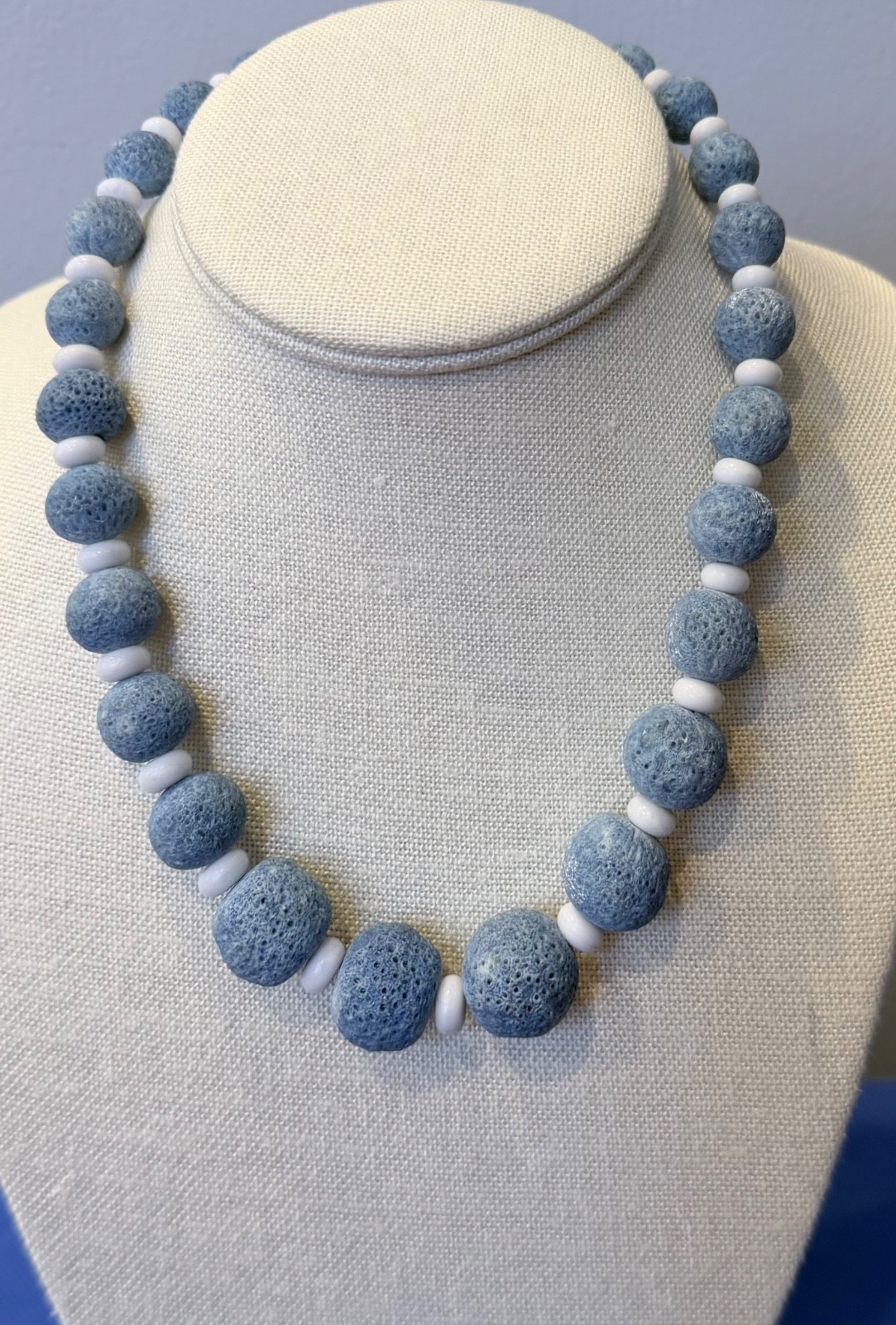 Blue Dyed Lava Rock Bead Necklace w/ White Spacers ~ Aromatherapy Essential Oil