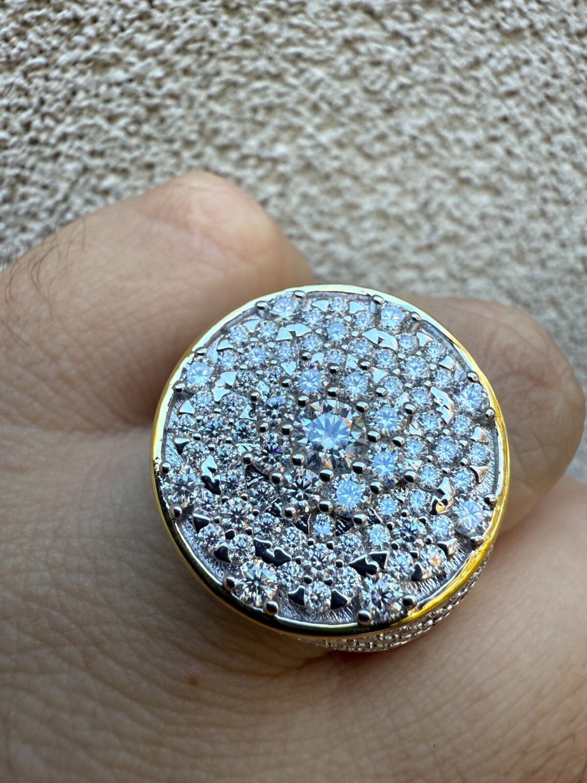 Real MOISSANITE Mens Flower Setting Honeycomb Iced Ring 14k Gold Over 925 Silver