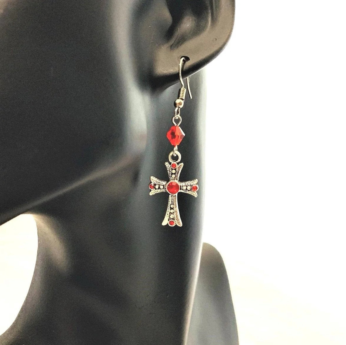 Red Rhinestone Gothic Cross Earrings – US Seller