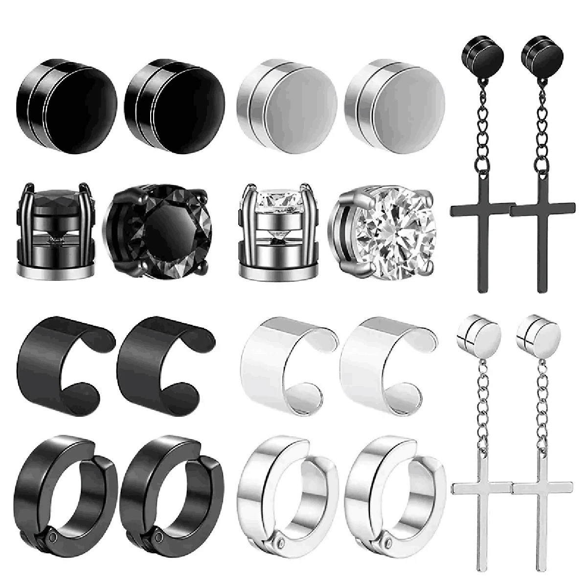 10 Pairs Magnetic Earrings Round Zircon Leaf Design Steel No Piercing Men