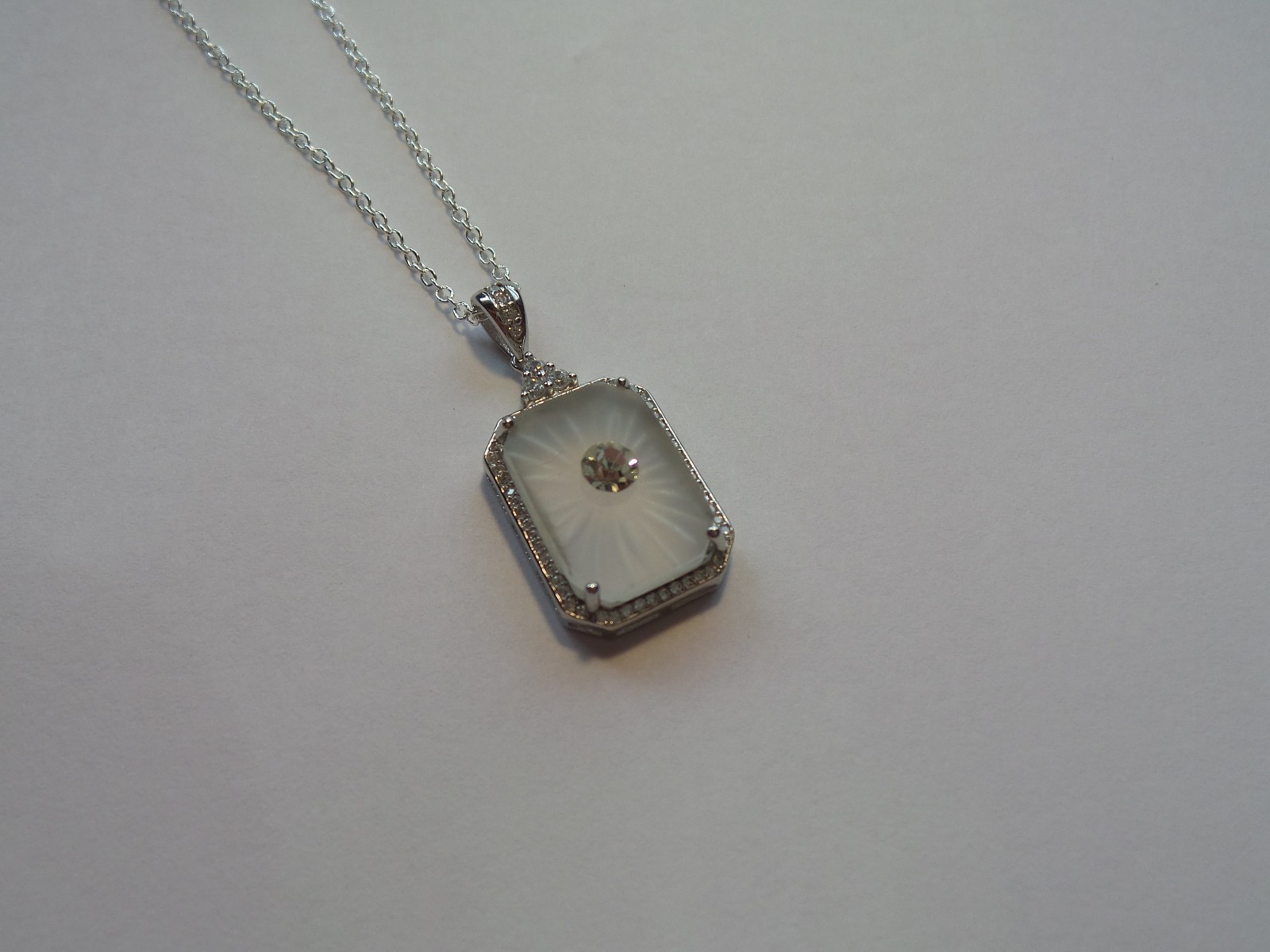HANDMADE VINTAGE SUNRAY CRYSTAL FROSTED CAMPHOR GLASS NECKLACE STERLING SILVER