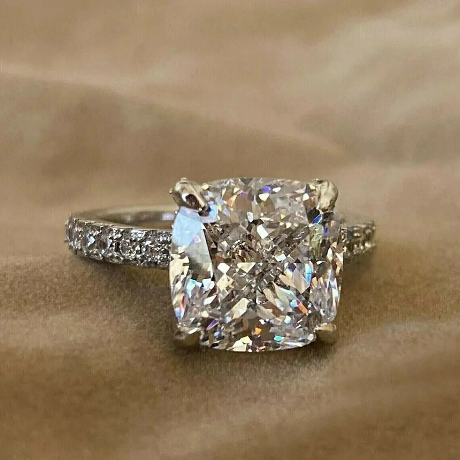 4 Carat Cushion Cut Lab Created Diamond Engagement Ring 14K White Gold Finish
