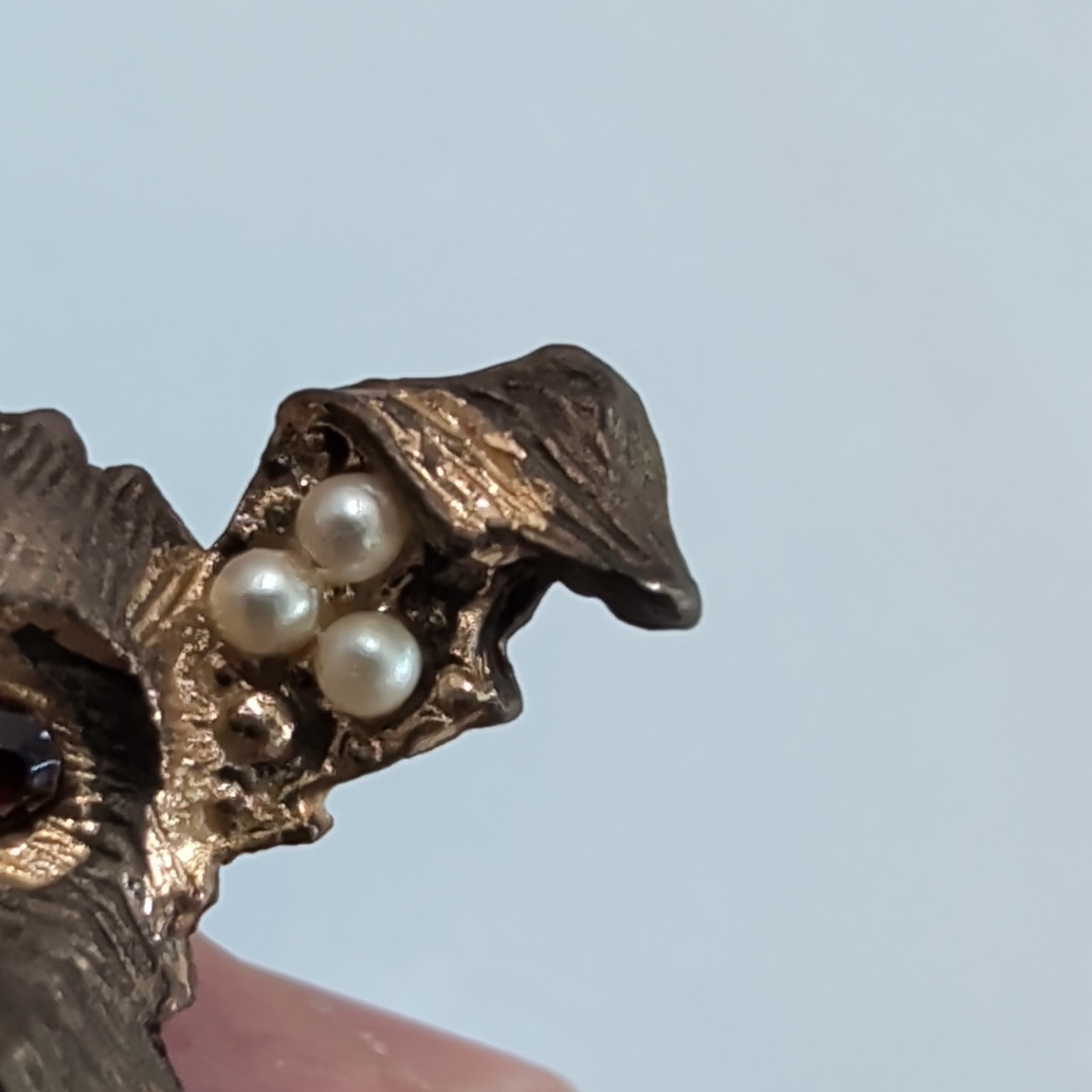 Gold Tone Dog Brooch Pin, Red Stone Eyes, Faux Pearl Accent, Metal