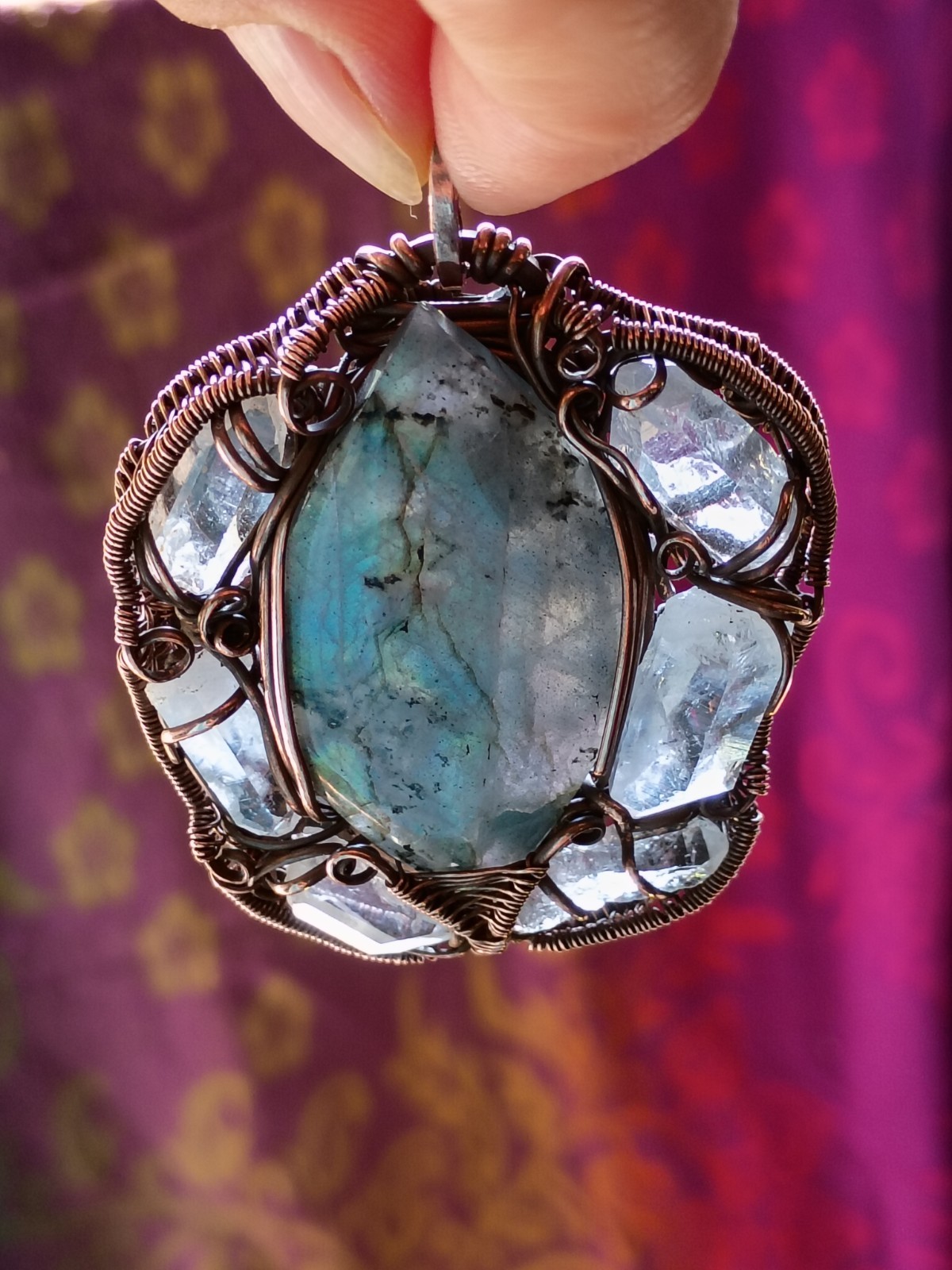 Labradorite Surrounded In Quartz Crystals Wirewrap Pendant Copper Statement