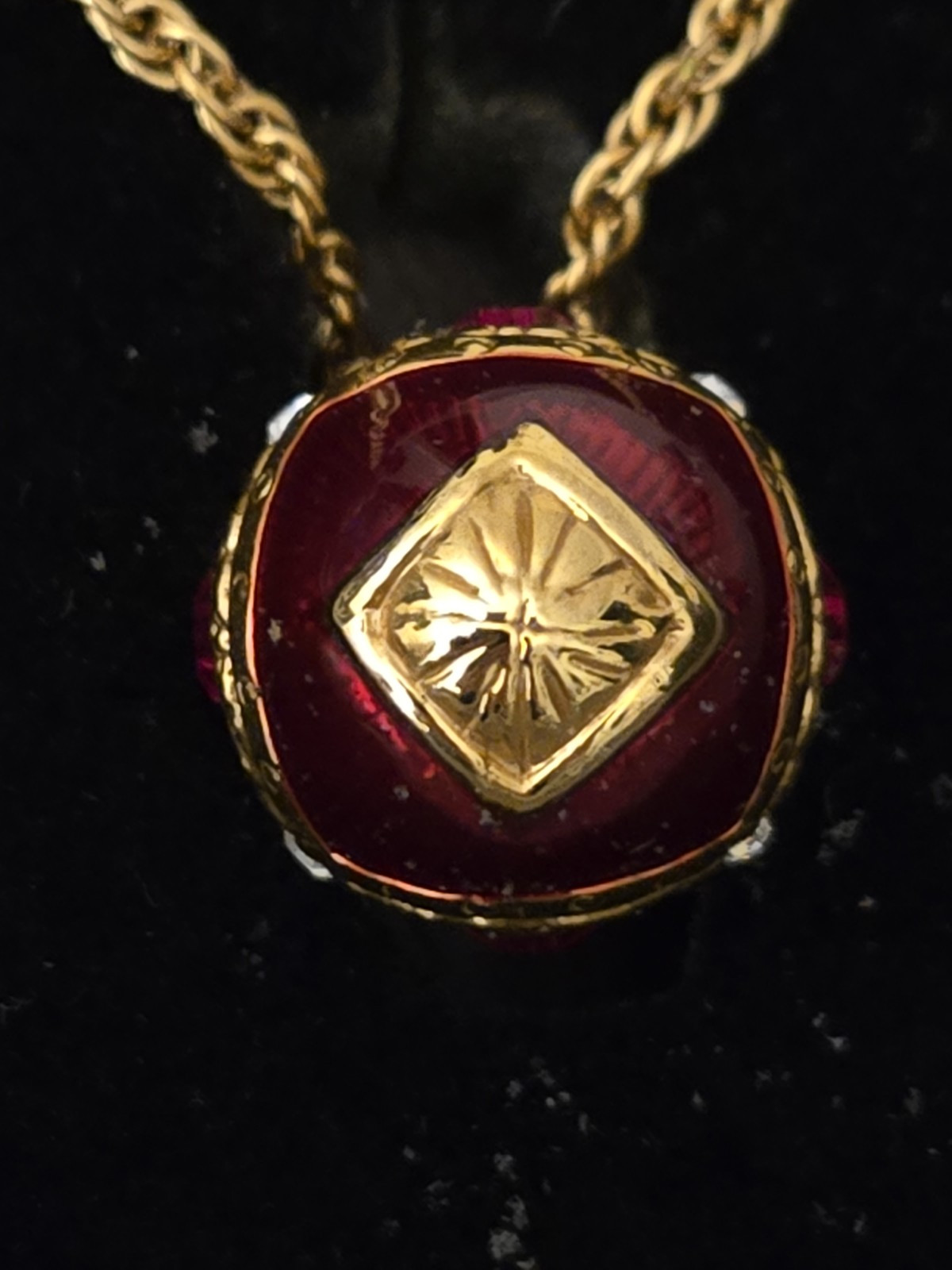 Beautiful Joan Rivers Red/Burgundy enamel egg Pedant With Chain. NIB