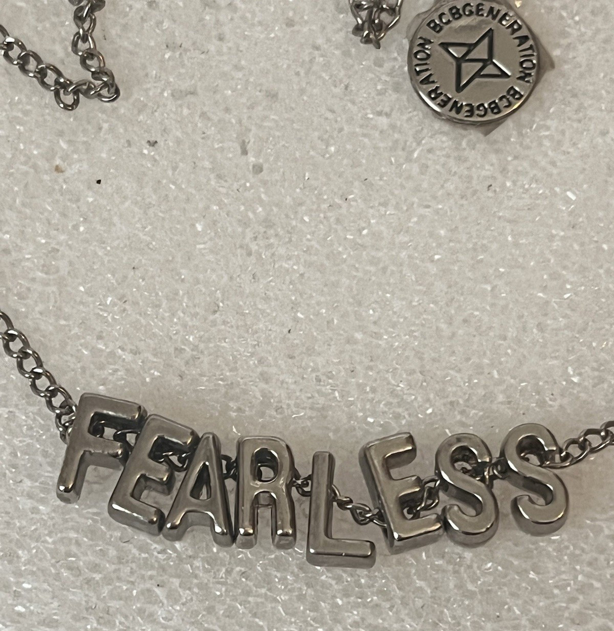BCBG Generation “Fearless” Charm Letters Silver Tone Chain Necklace