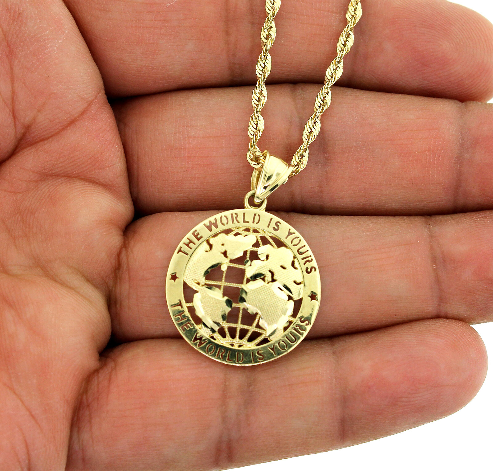 Mens Real 10K Yellow Gold The World is Yours Globe Pendant & 2.5mm Rope Chain