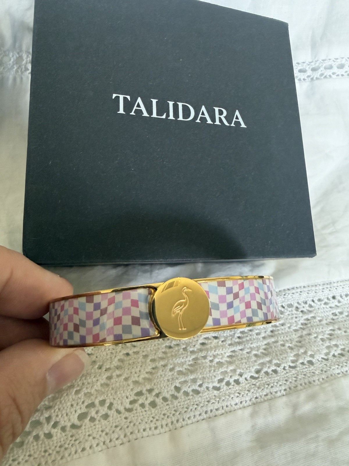 TALIDARA Multicolor Enamel Checkered Gold-Tone Hinged Bangle Cuff Bracelet