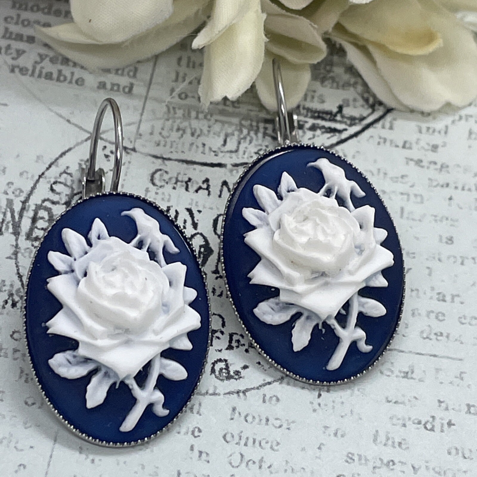 Silver Navy Blue White Rose Cameo Earrings Birthday Anniversary Gift French
