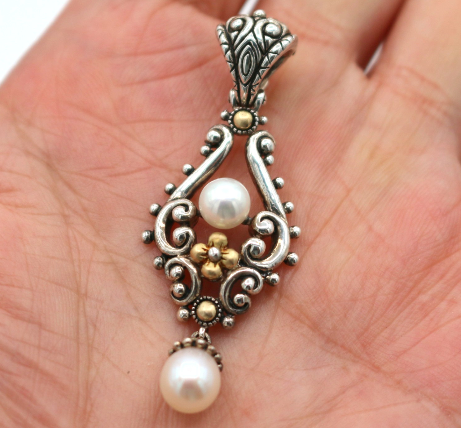 Barbara Bixby Sterling Silver 18k Gold w Pearls Floral Filigree Pendant Enhancer
