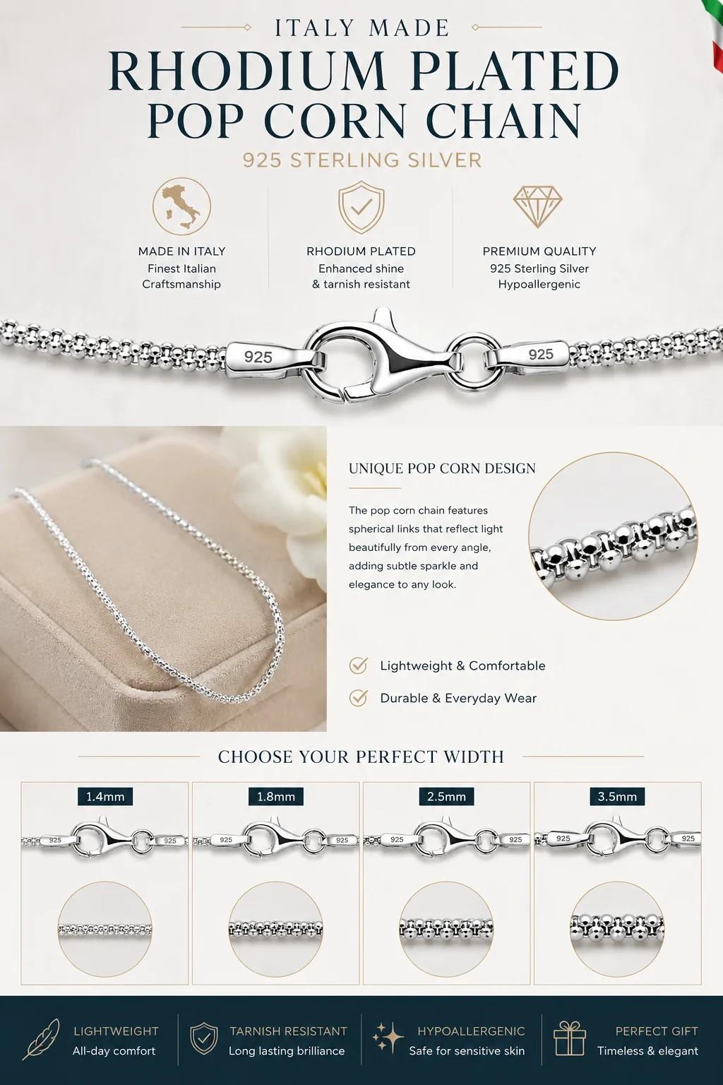Popcorn Chain Necklace Rhodium Plated 925 Sterling Silver Italy 1.4-3.5mm