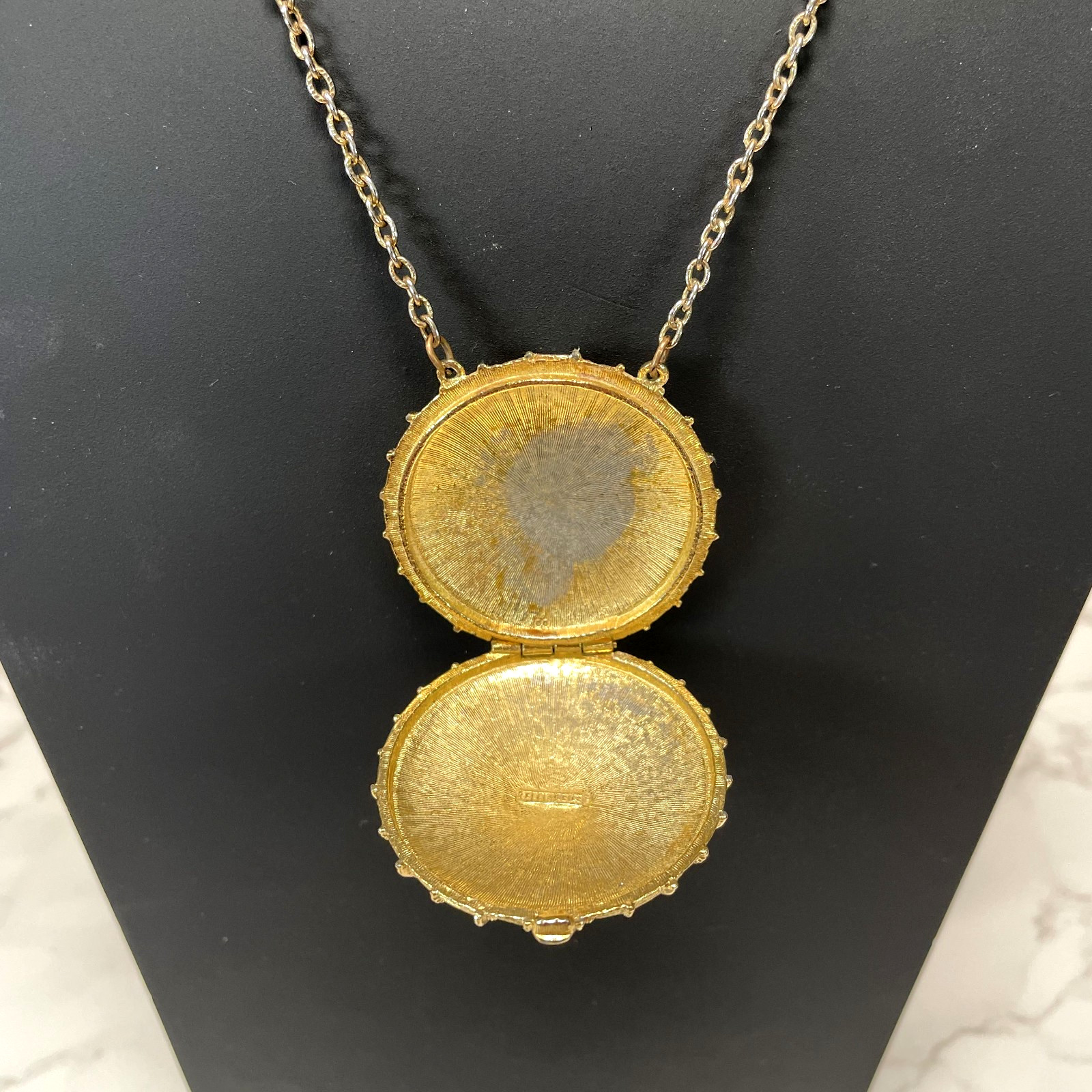 Vintage ESTEE LAUDER Signed Perfume Locket w/LAPIS LAZULI Blue Glass Stone 24″