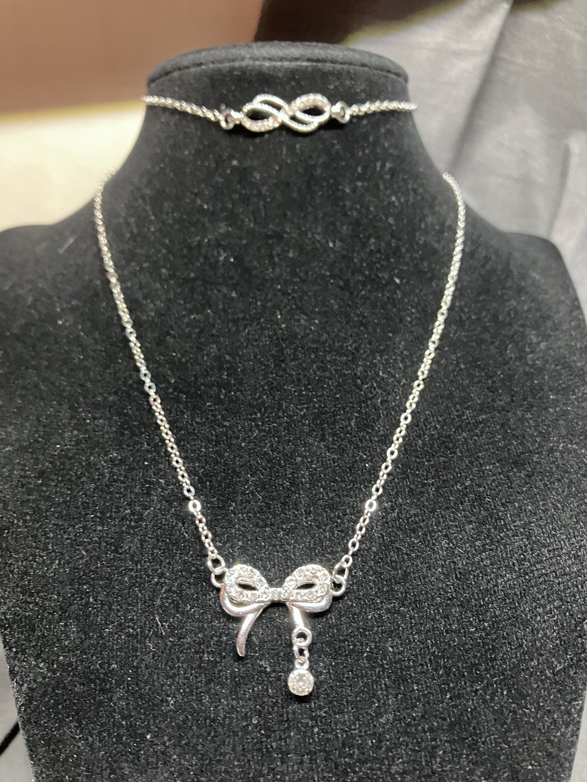 Womens stainless steel cz double bow necklace with infinity cz anklet/bracelet