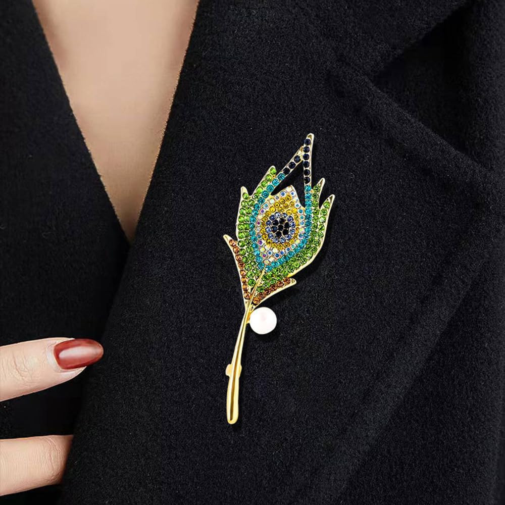 Vintage Peacock Feather Green Rhinestone Brooch Pin