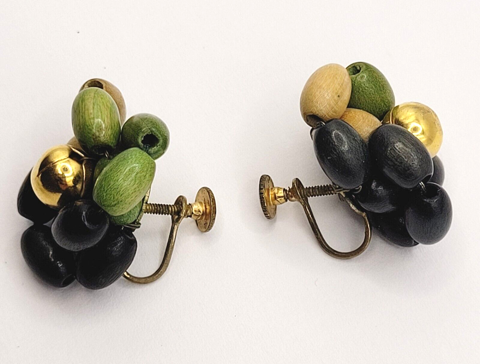 Hand Beaded Wood Bead Olive Black Tan Oval Cluster MCM 1950s Screw Back Earrings