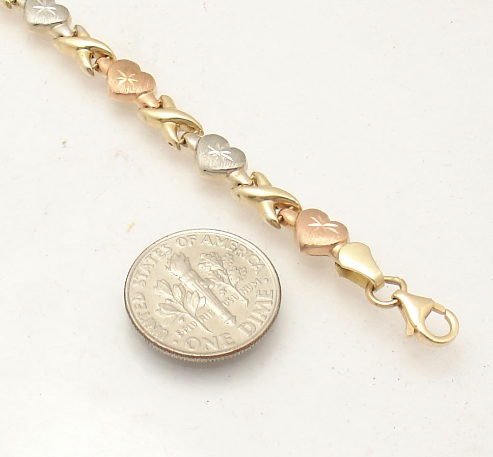 7″ Hearts & Kisses Bracelet 10K Yellow White Rose TriColor Gold Plated Silver
