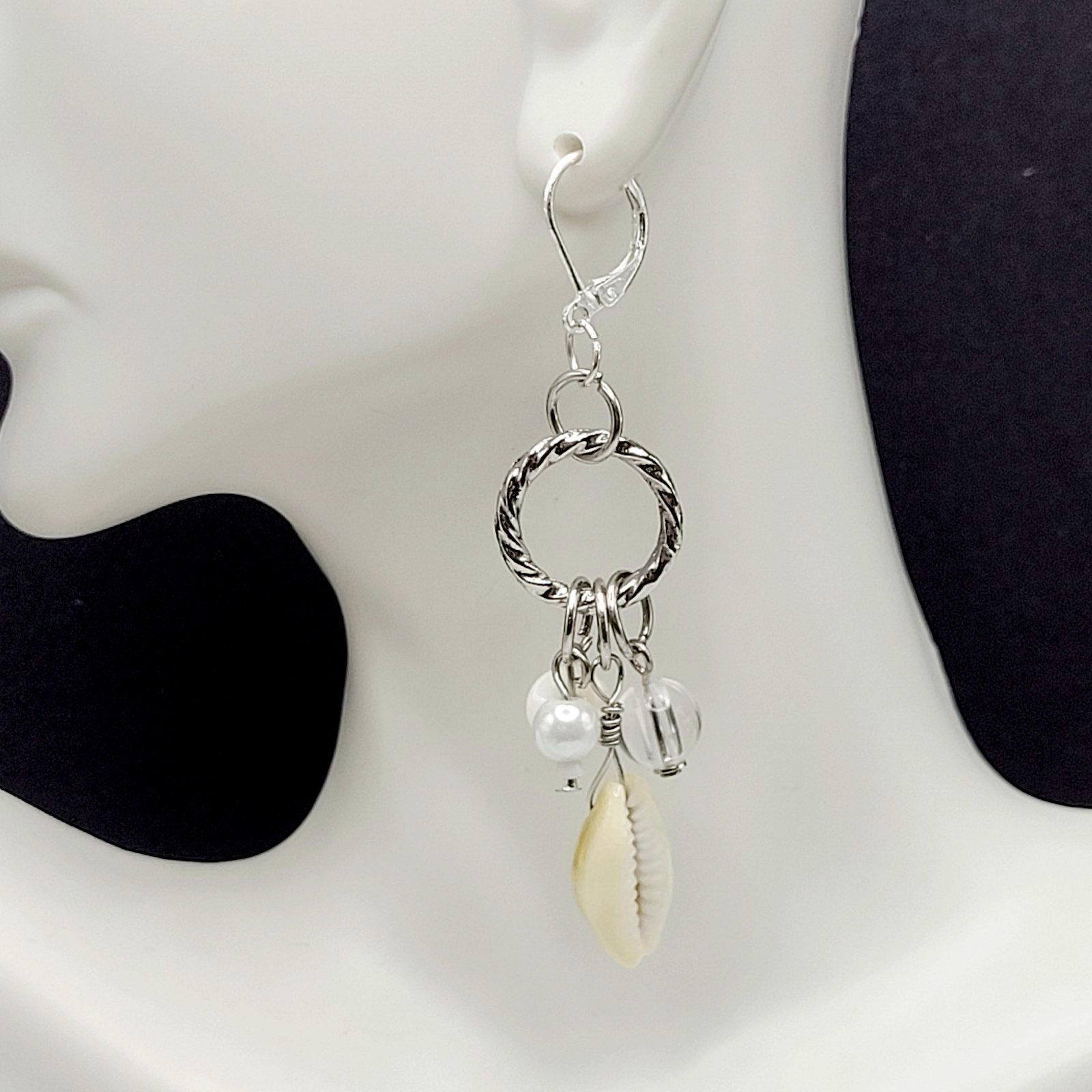 Handcrafted Boho Cowrie Shell Dangle Earrings Silver Tone Cluster Beaded Coastal