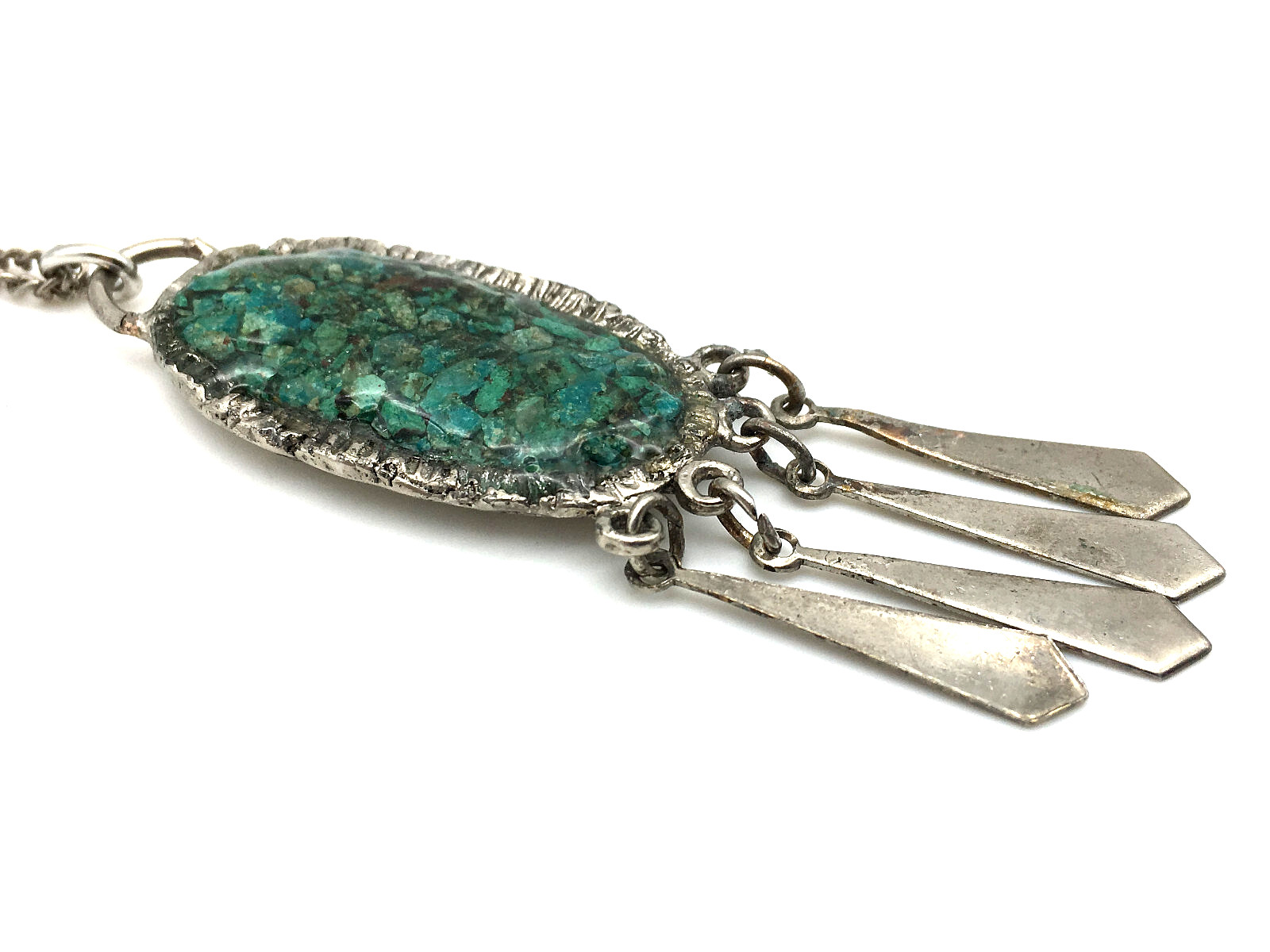 Handmade Nickle Silver Oval Pendant Turquoise Chips Dangling 18″ Chain Necklace