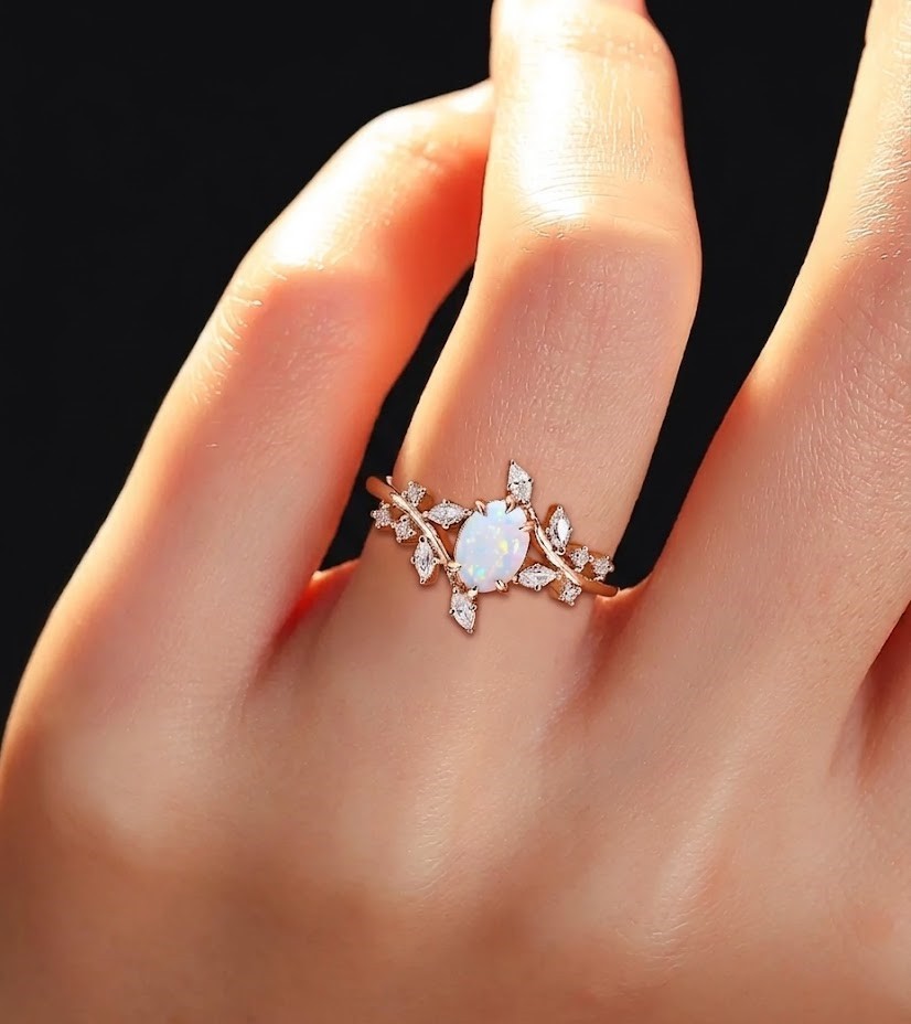 Oval Opal Engagement Ring, Sterling Silver Vine Branch, Rose Gold Ring
