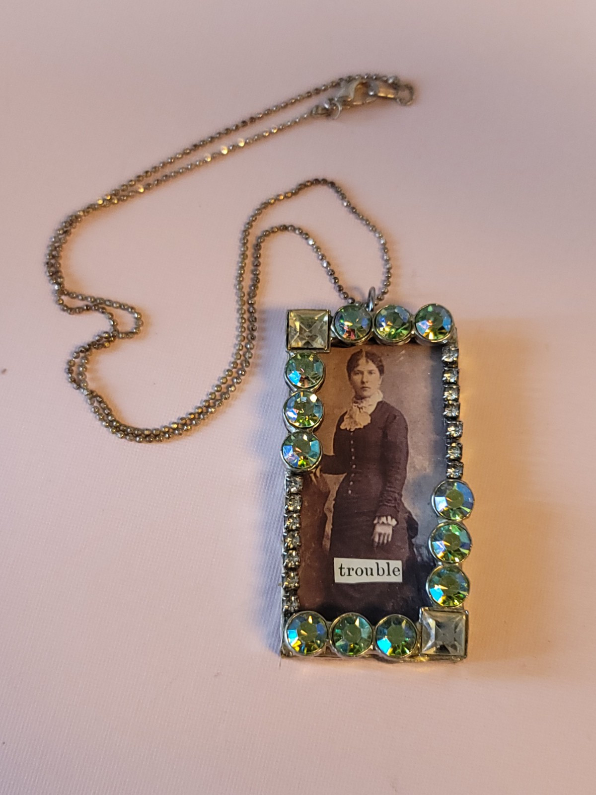 Artisan Victorian Lady Rhinestone Picture TROUBLE Necklace Pendant