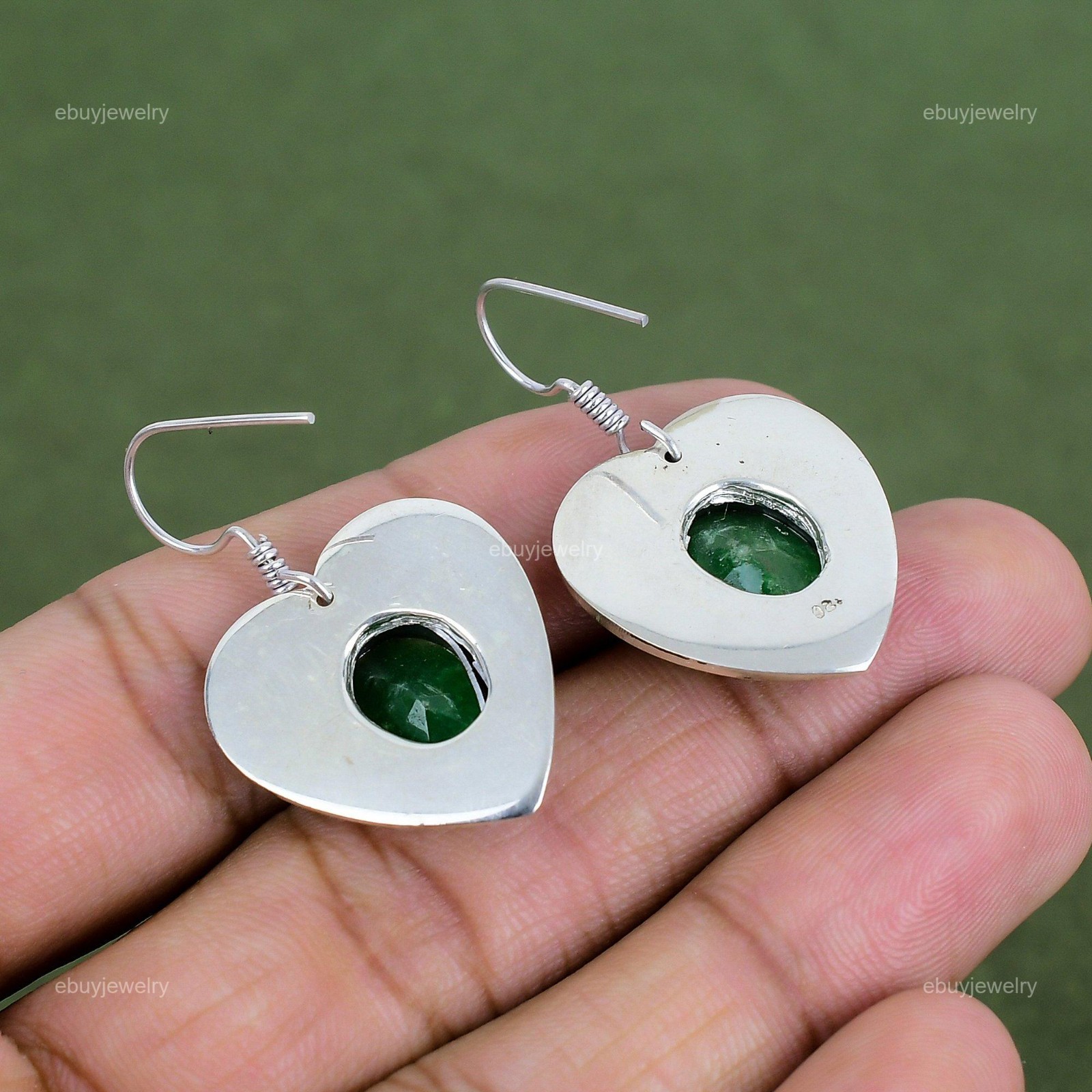 925 Sterling Silver Zambian Emerald Gemstone Dangle Drop Mother Heart Earrings