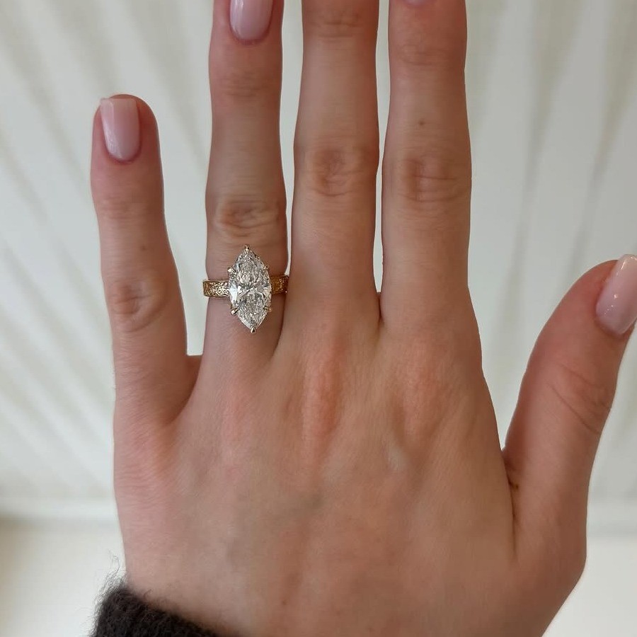 4.21Ctw Marquise Moissanite Engraved Band Engagement Ring 14K Yellow Gold Plated