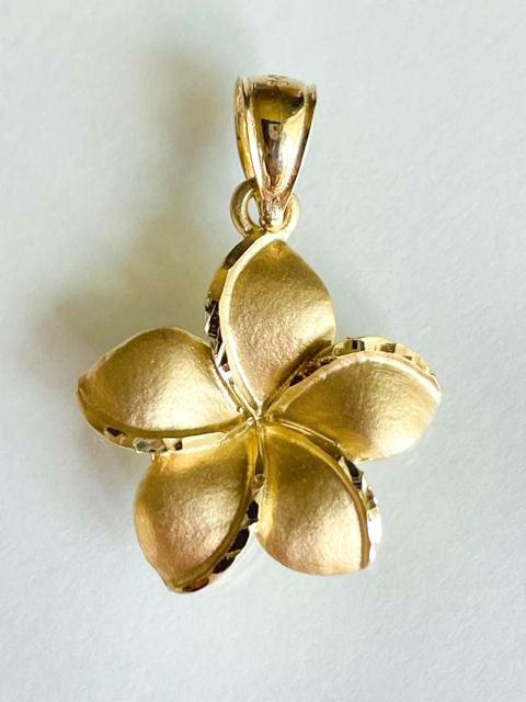 14K Solid Yellow Gold Hawaiian Plumeria Flower Pendant W: 3/4″ (18 mm) E26-18
