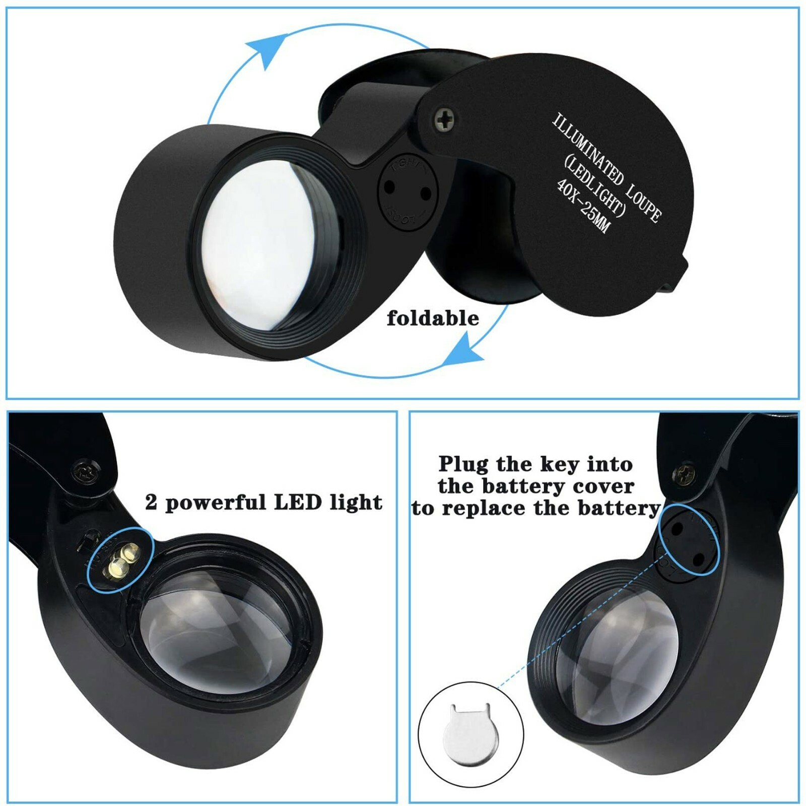 40X Magnifying Loupe Jewelry Eye Glass Magnifier LED Light Jewelers Loop Pocket