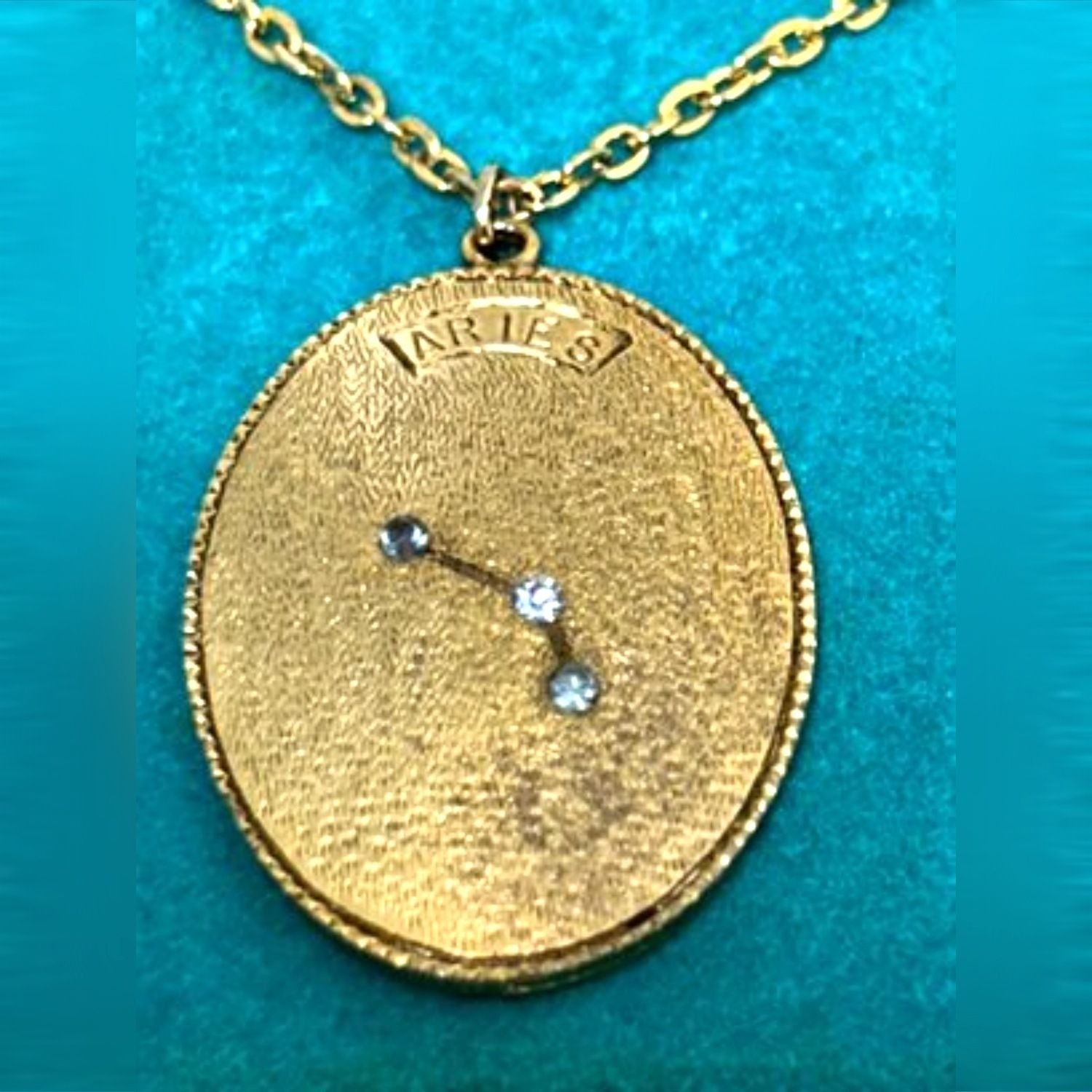 Aries Zodiac Constellation Pendant Necklace Gold Tone Blue Rhinestones