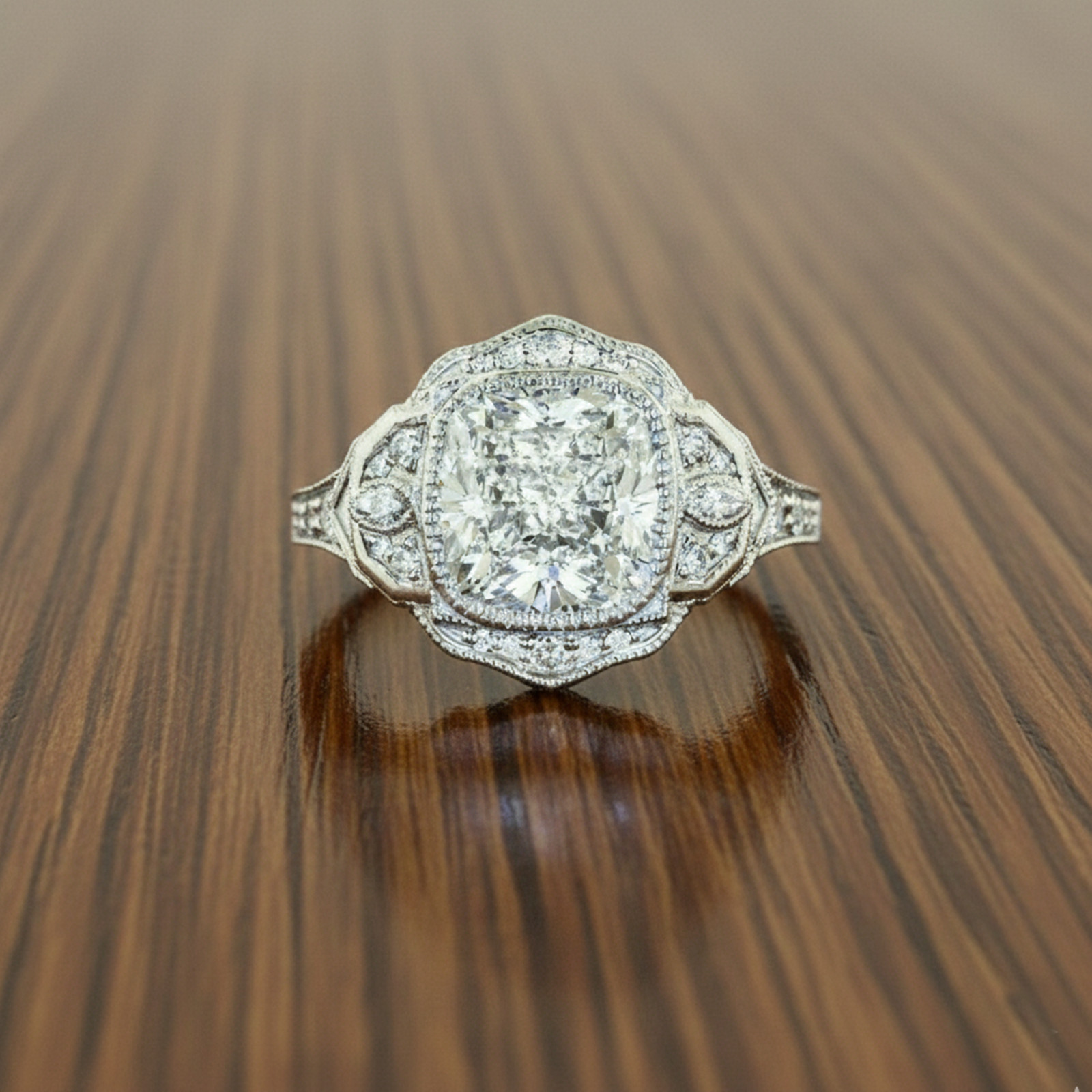 14K White Gold Art Deco Bezel Set Milgrain Ring Old Mine Cut Lab Created Diamond