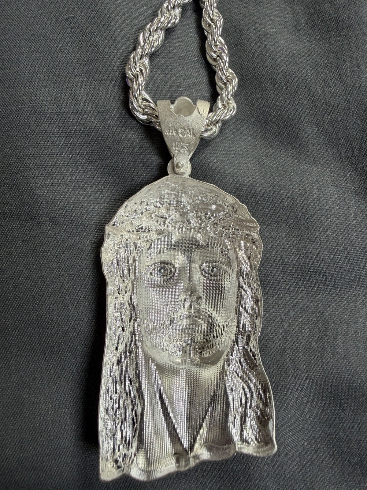 Silver Rope Chain Necklace Engraved Jesus Head Pendant Charm Lobster Clasp