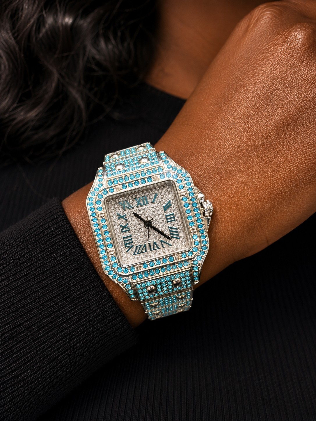 Iced Out Tifanny Blue Square Ladies Watch Silver Tone Crystal Bling NewPrice: