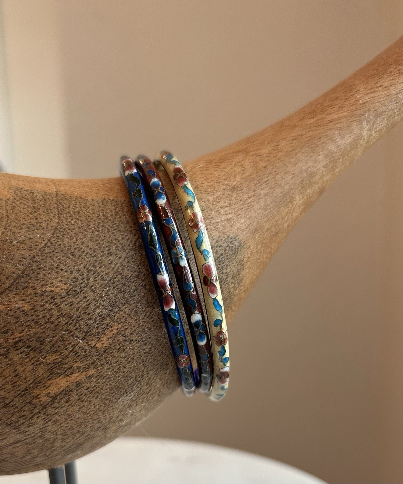 Boho Enameled Cloisonné Bangle Bracelet Set of 3 Round No Closure