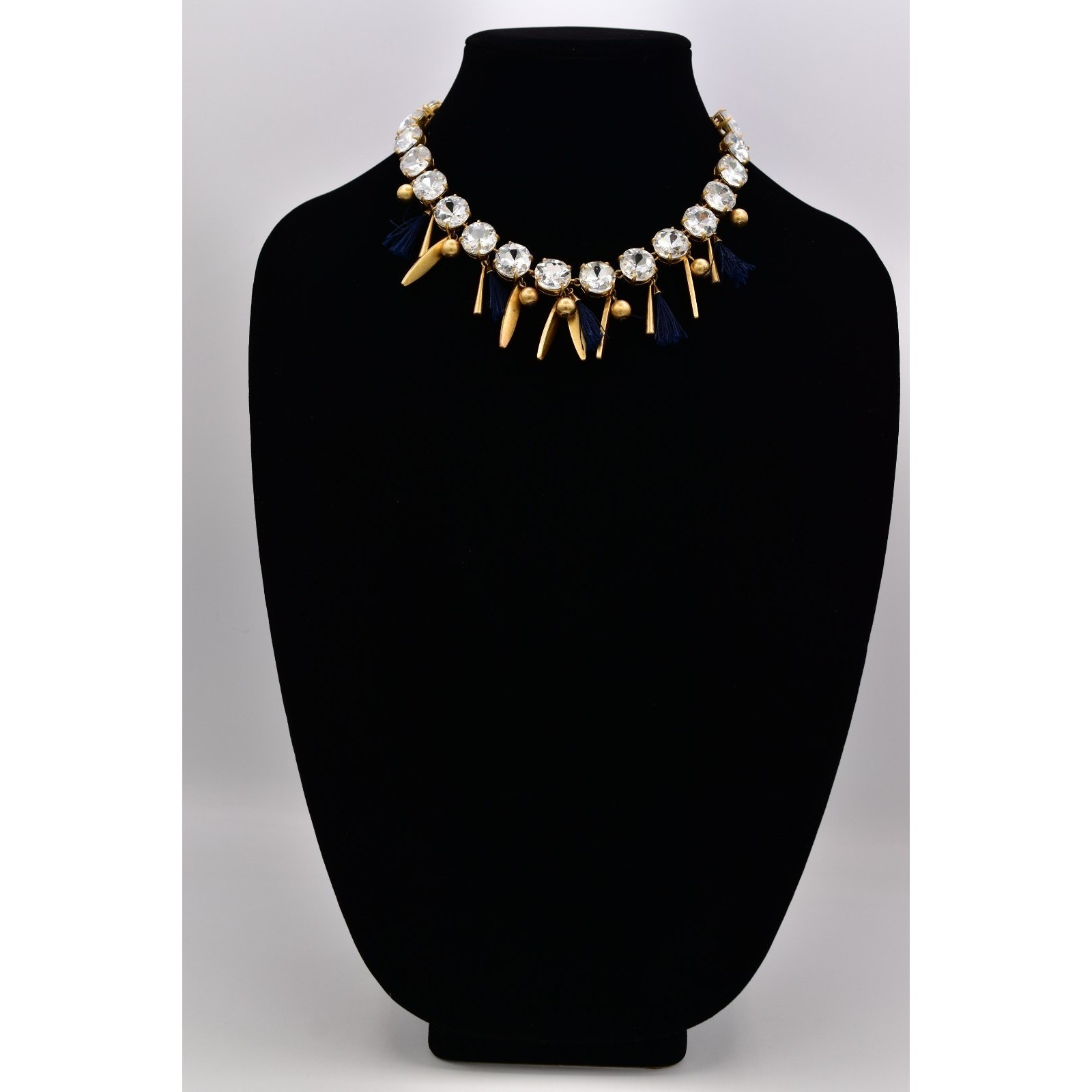 Ann Taylor Vintage Crystal Collar Necklace Dangle Navy Brushed Gold Chunky BinBL