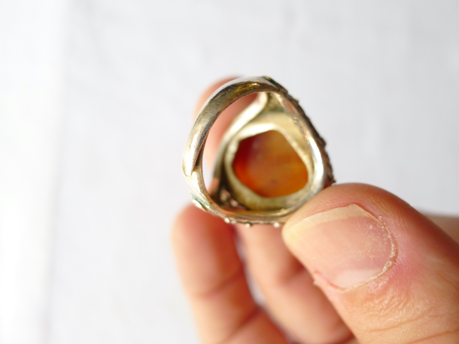 OLD CHINESE RING FILIGREE SILVER HARD STONE CHINA EXPORT VINTAGE CHINA