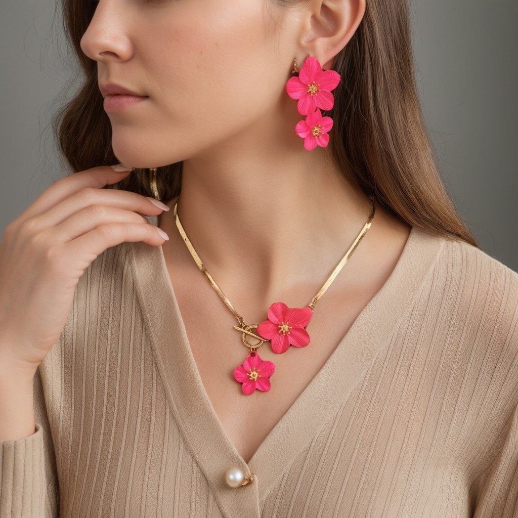 Women’s Elegant Camellia Flower Choker Necklace & Earring Set New OT Interlock